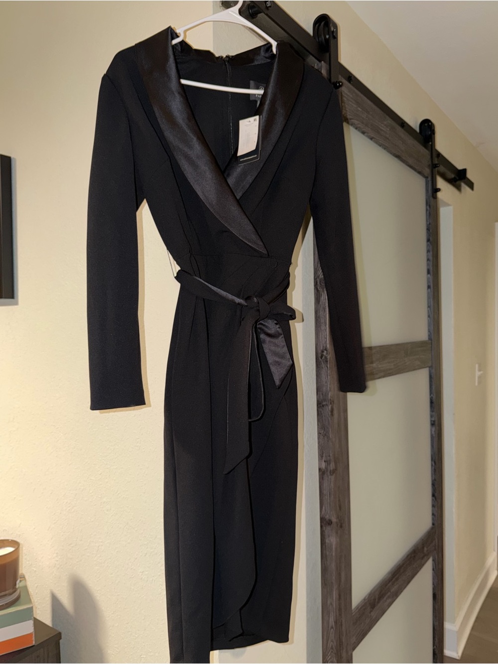 Adrianna Papell Black Satin-Trim Wrap Dress - Long Sleeve